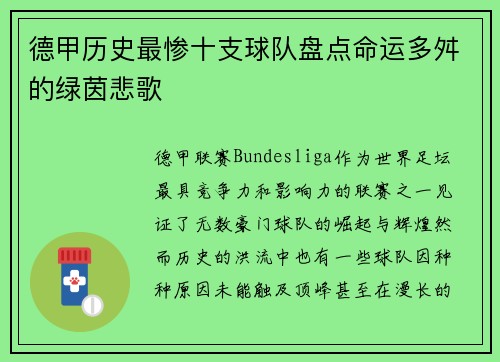 德甲历史最惨十支球队盘点命运多舛的绿茵悲歌