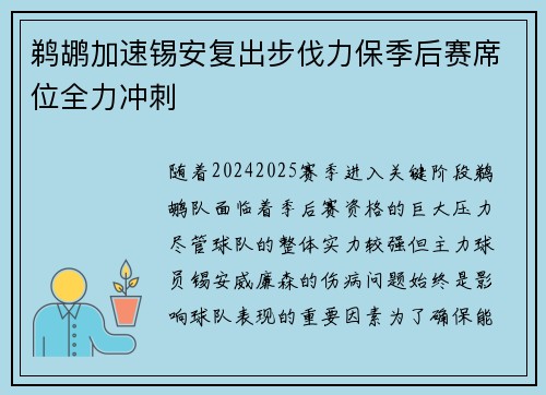 鹈鹕加速锡安复出步伐力保季后赛席位全力冲刺