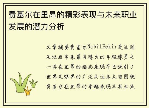 费基尔在里昂的精彩表现与未来职业发展的潜力分析